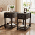 Set of 2 Narrow Open End Table with Drawer, Solid Wood Side Table 2-Tier Skinny Table with Storage Shelves Slim Nightstand Small Sofa End Table for Living Room Bedroom-Antique Black 004BK