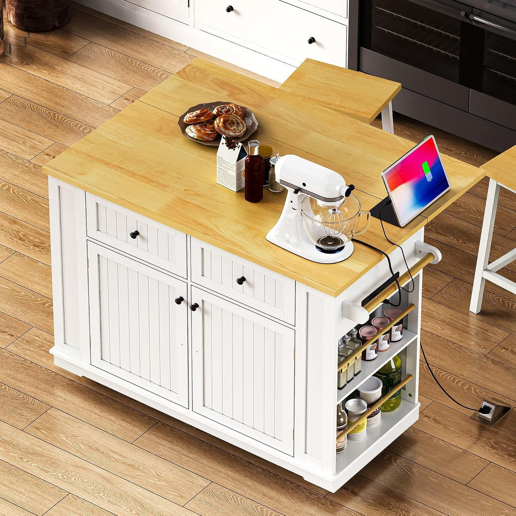 48" Kitchen Island with Drop Leaf, Power Outlet and Wheels | Drop Leaf Extension, Built-In Power Outlet, Rolling Wheels, 48 Inch Width, Kitchen Storage