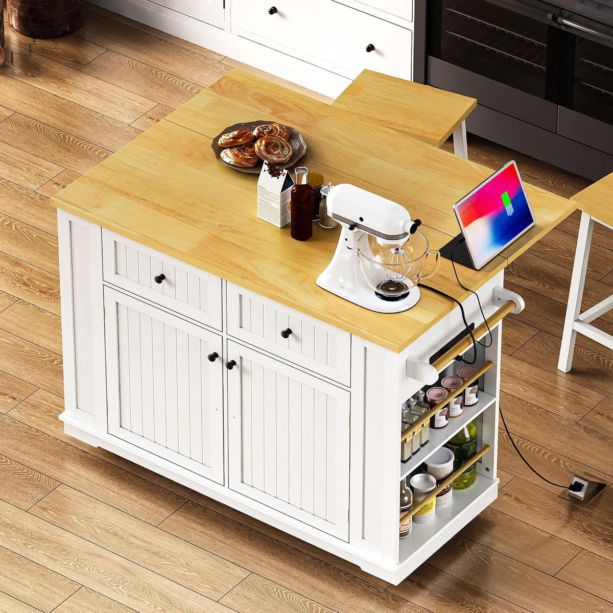 48" Kitchen Island with Drop Leaf, Power Outlet and Wheels | Drop Leaf Extension, Built-In Power Outlet, Rolling Wheels, 48 Inch Width, Kitchen Storage