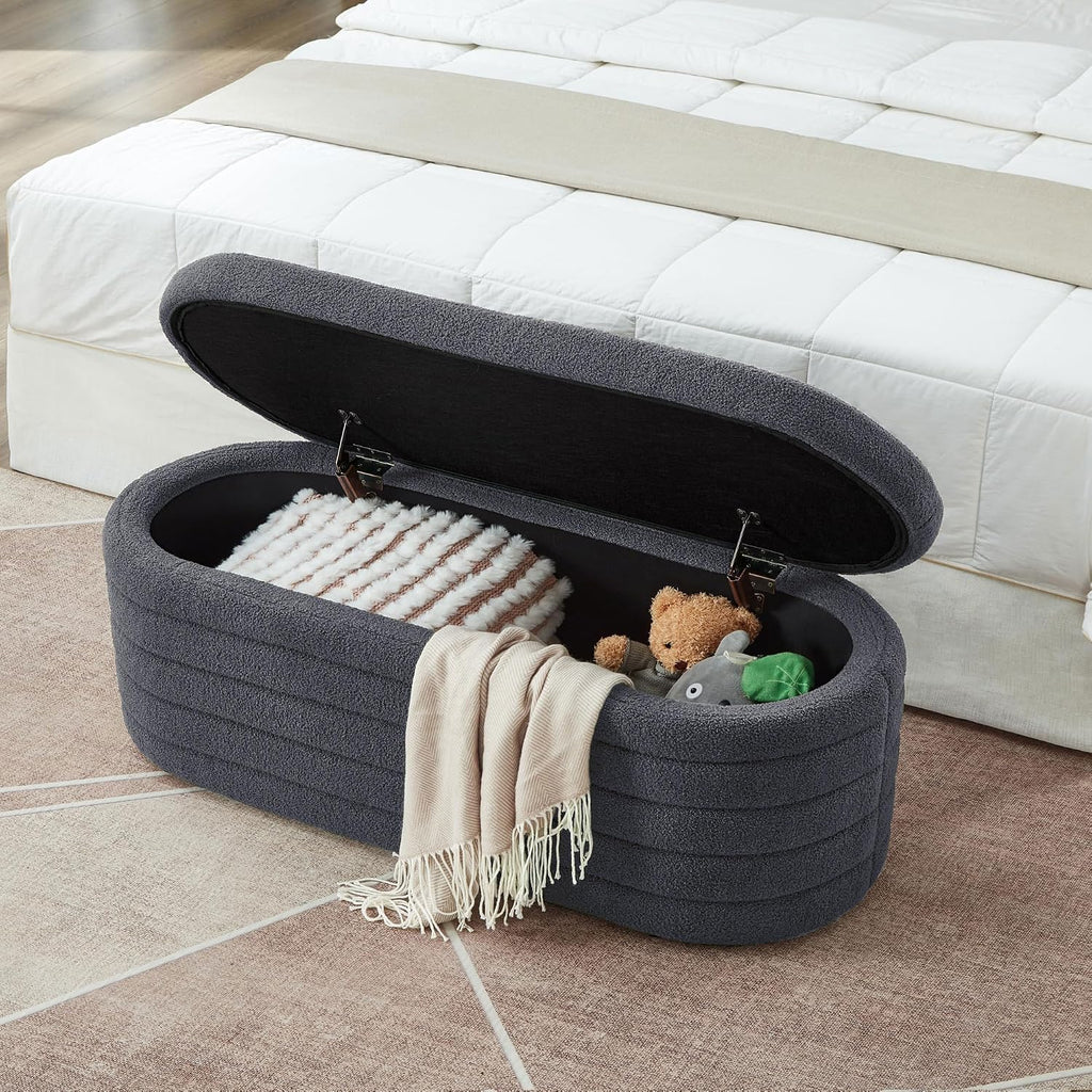 Storage Ottoman Bench End of Bed for Bedroom, Boucle Upholstered Entryway Shoe Seat Bench with Storage, Sherpa Modern Cute Padded Blanket Chest Stool Foot Rest for Living Room (Drak Gray)