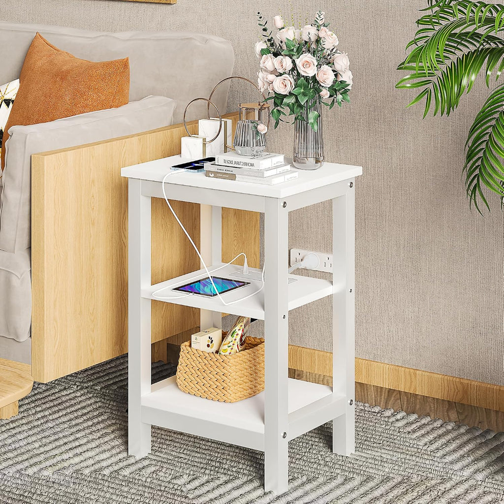 VECELO Modern Nightstands with Charging Station,Side End Table Night Stand with Storage Shelf for Small Spaces, Bedroom,Living Room