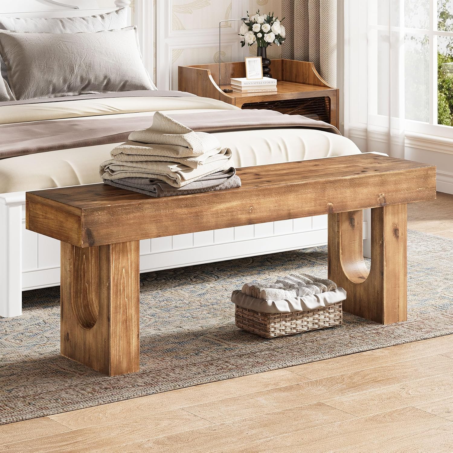 Solid Wood Shoe Bench, 47" Long Farmhouse Entryway Bench with Sturdy Legs, Narrow Rustic End of Bed Bench for Hallway, Living Room, Bedroom, Easy Assembly