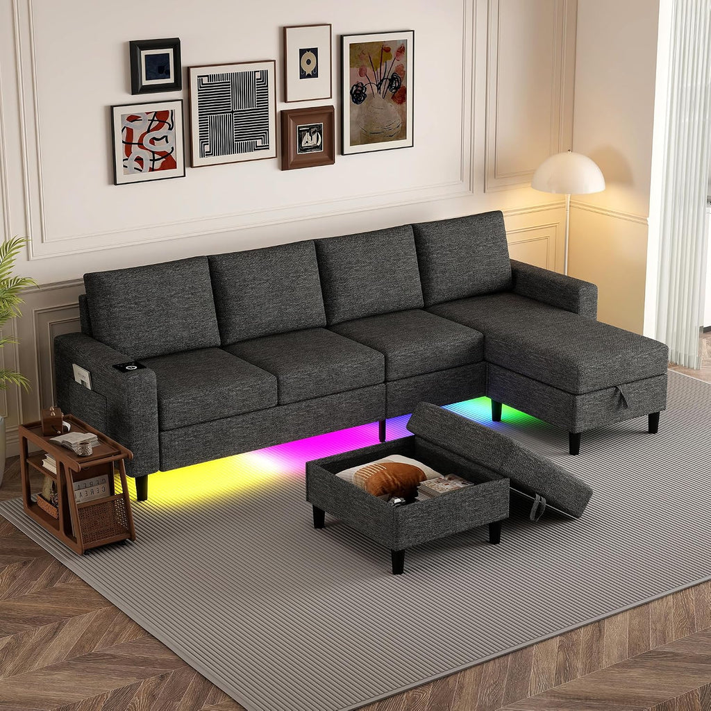 109" Sectional Couch with RGB Lights, U Shaped Couches for Living Room | Wireless Charging, USB & Type-C Port, Storage Ottoman, Reversible Chaise Lounge, Linen Fabric, Dark Grey, for Apartment