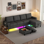 109" Sectional Couch with RGB Lights, U Shaped Couches for Living Room | Wireless Charging, USB & Type-C Port, Storage Ottoman, Reversible Chaise Lounge, Linen Fabric, Dark Grey, for Apartment