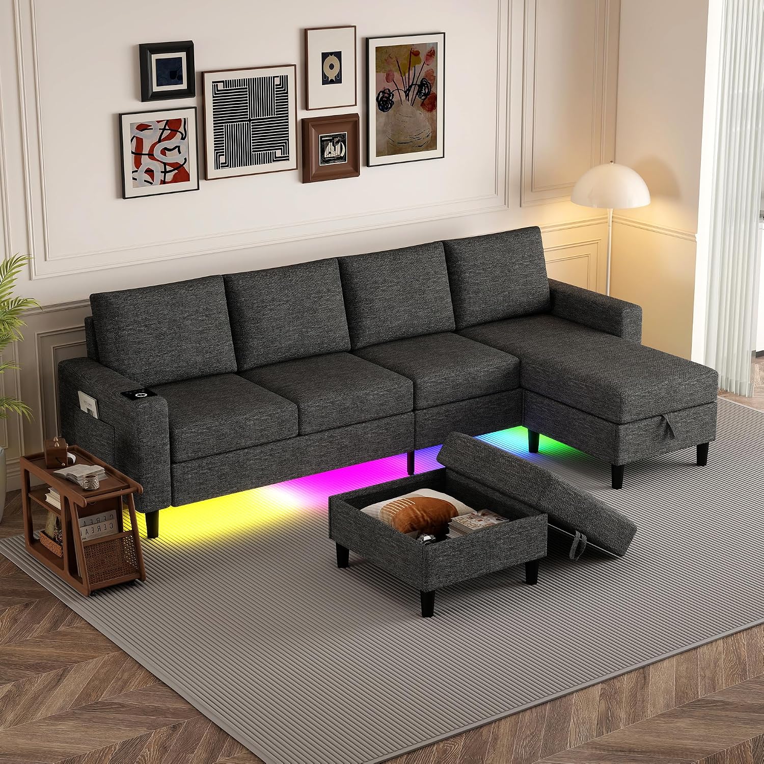 109" Sectional Couch with RGB Lights, U Shaped Couches for Living Room | Wireless Charging, USB & Type-C Port, Storage Ottoman, Reversible Chaise Lounge, Linen Fabric, Dark Grey, for Apartment