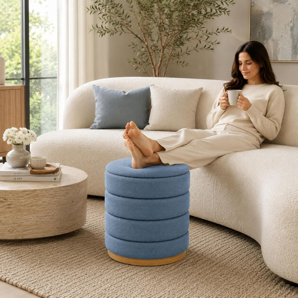 Linen Storage Ottoman Round Footrest with Hidden Storage, Light Blue 16" L X16 W X 17" H
