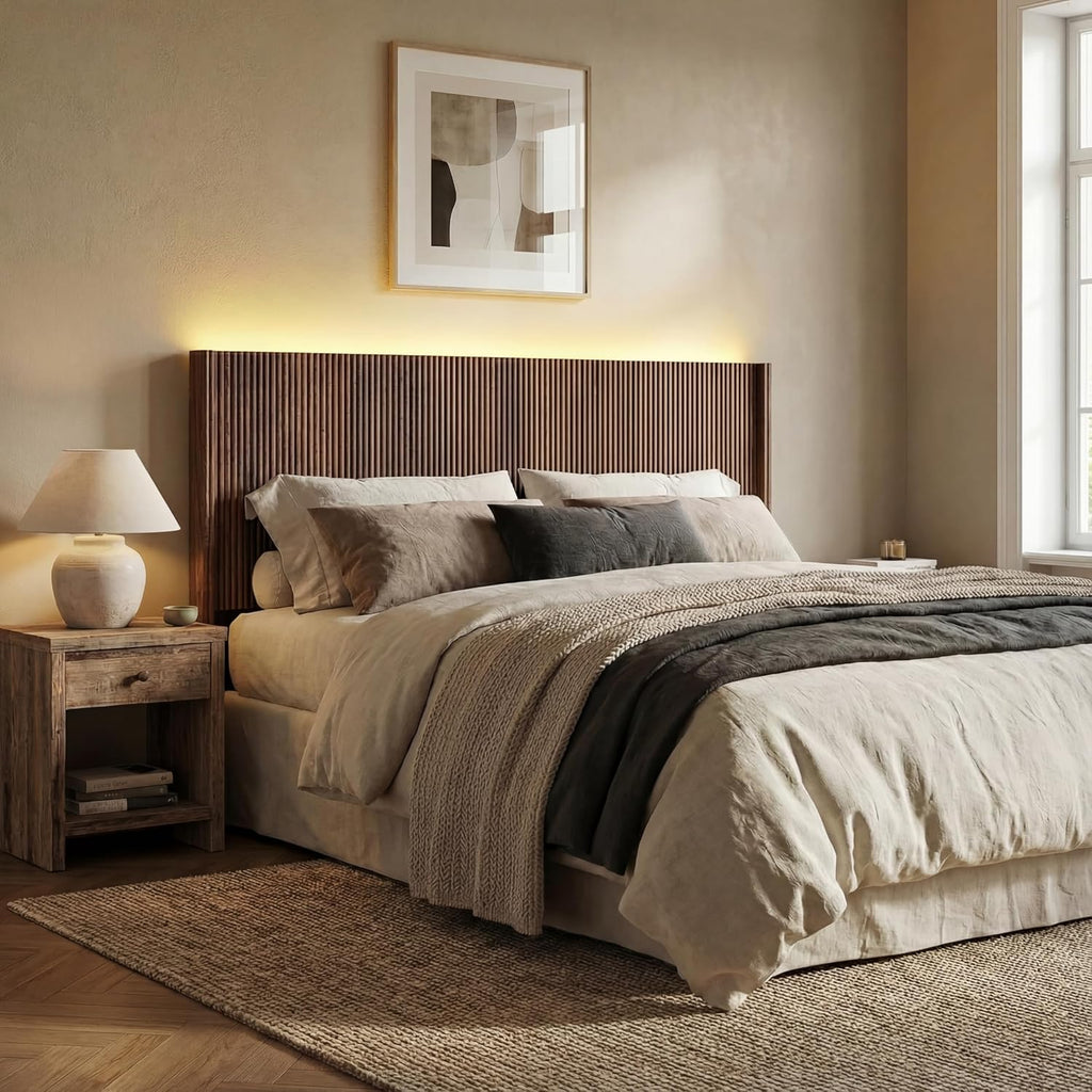 Queen Size Headboard Only, Modern Fluted Wall-Mounted Head Board with Lighting, Boho Wood Bed headboard Stylish Bedroom Decor, Espresso