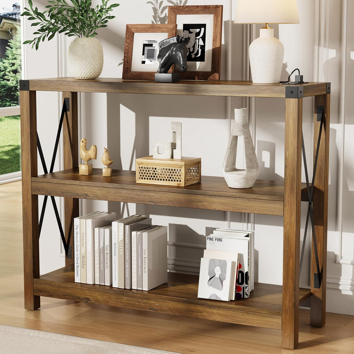 Entryway Table with Outlets and USB Ports, Console Table with 3-Tier Open Storage Shelves, Wooden Sofa Table with Metal X-Shaped Design for Living Room/Couch/Hallway/Foyer (Rustic Oak-s)