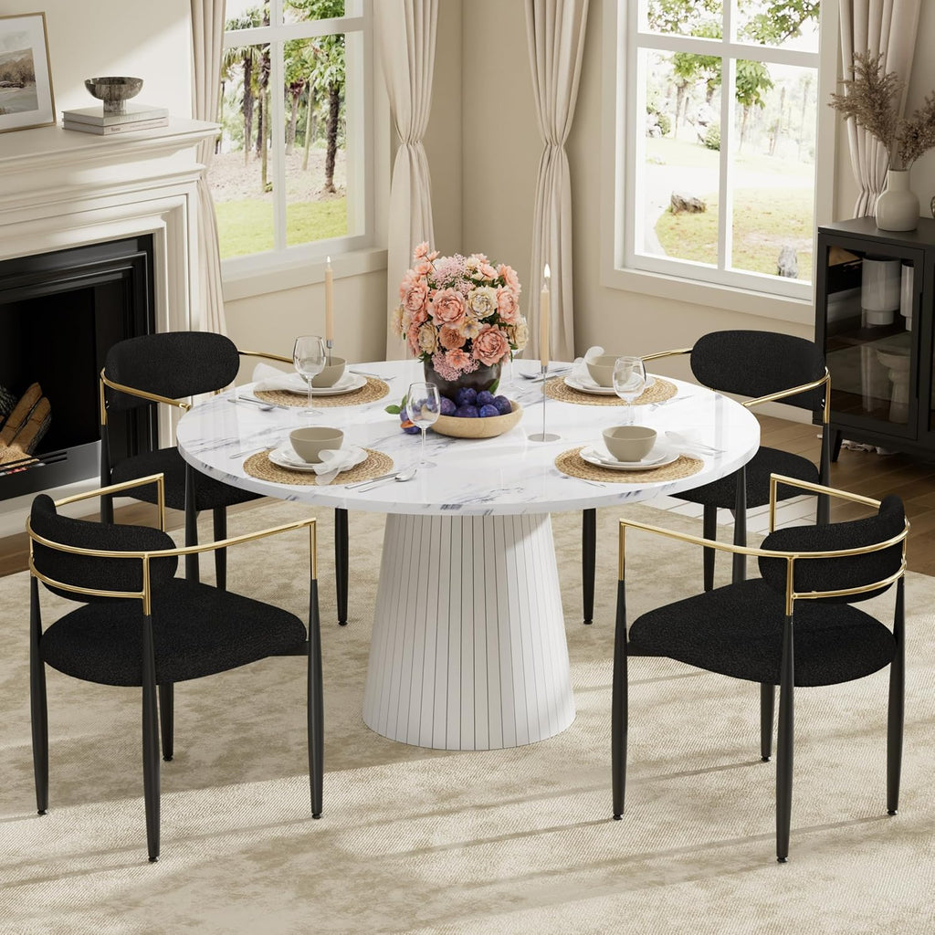 Baysitone Dining Chairs Set of 4 Mid-Century Modern Upholstered Boucle Dining Room Chairs Open Back Curved Backrest Black Metal Legs Gold Armchairs for Kitchen Living Room, Black(Only Chairs)