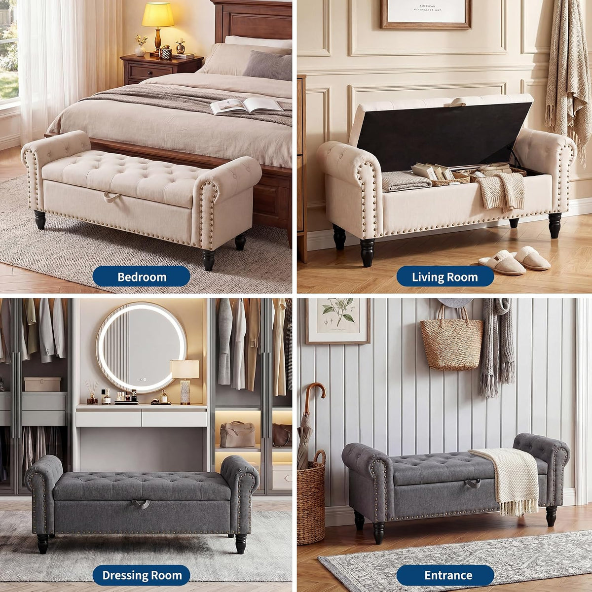 51in Bedroom Storage Bench for End of Bed, Upholstered Ottoman Bench with Button Tufted Design and Rolled Arms, Anti Cotton and Linen Entryway Bench with Safety Hinge for Living Room, Closet, Gray