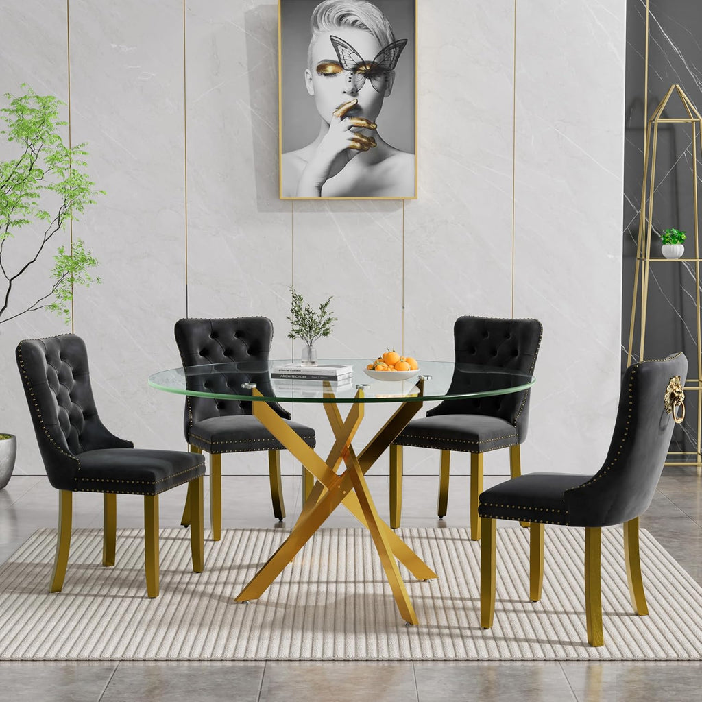 Modern 5-Piece Round Glass Dining Table Set for 4, Modern 47" Gold Glass Dining Room Table Set with Black Velvet Tufted Chairs for Kitchen Dining Room
