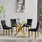 Modern 5-Piece Round Glass Dining Table Set for 4, Modern 47" Gold Glass Dining Room Table Set with Black Velvet Tufted Chairs for Kitchen Dining Room