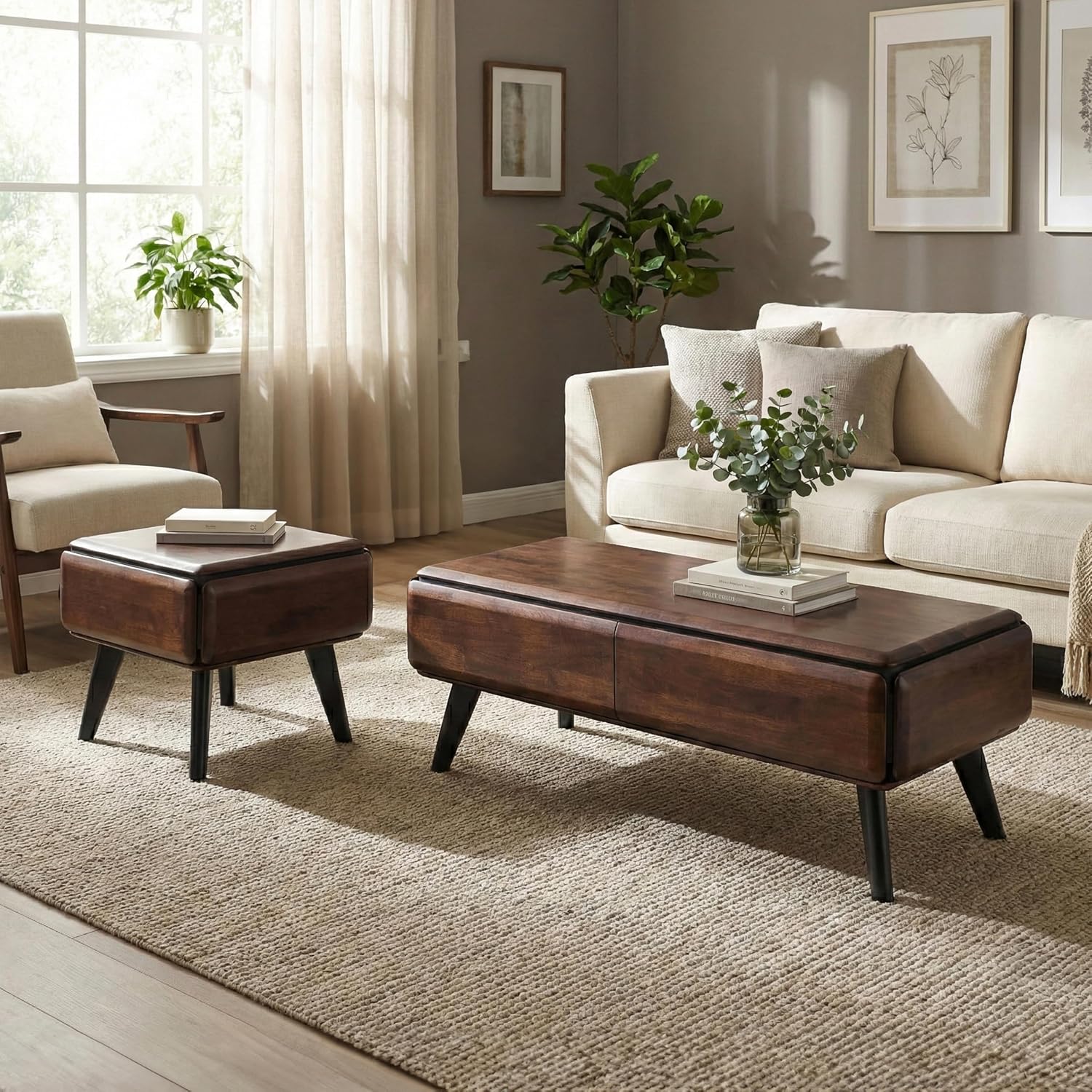 Furniture of America Nazaen Modern 2-Piece Coffee Table Set, Rich Walnut | Solid Wood 48-inch Coffee Table and 25-inch End Table with Drawers and Splayed Legs for Living Room, Home Office