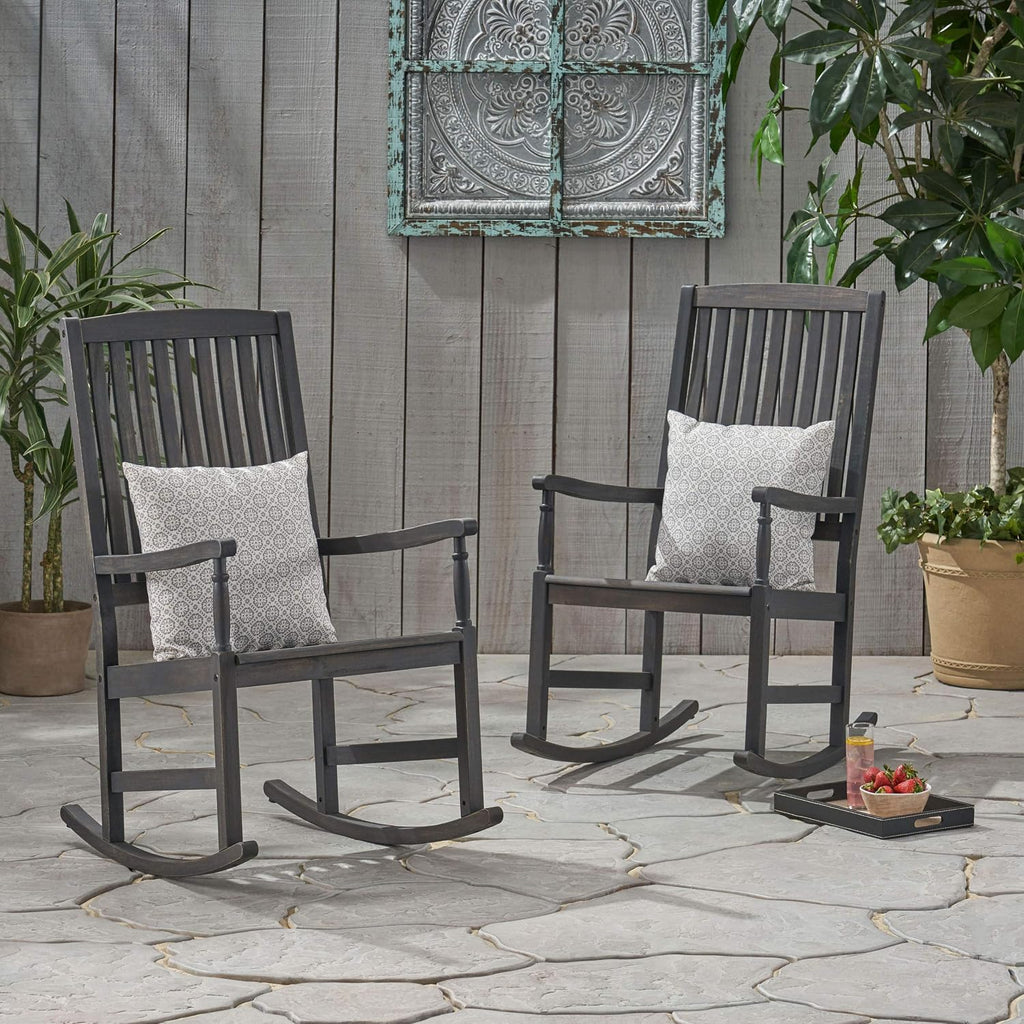 Great Deal Furniture GDFStudio Outdoor Acacia Wood Rocking Chairs (Set of 2), Dark Gray