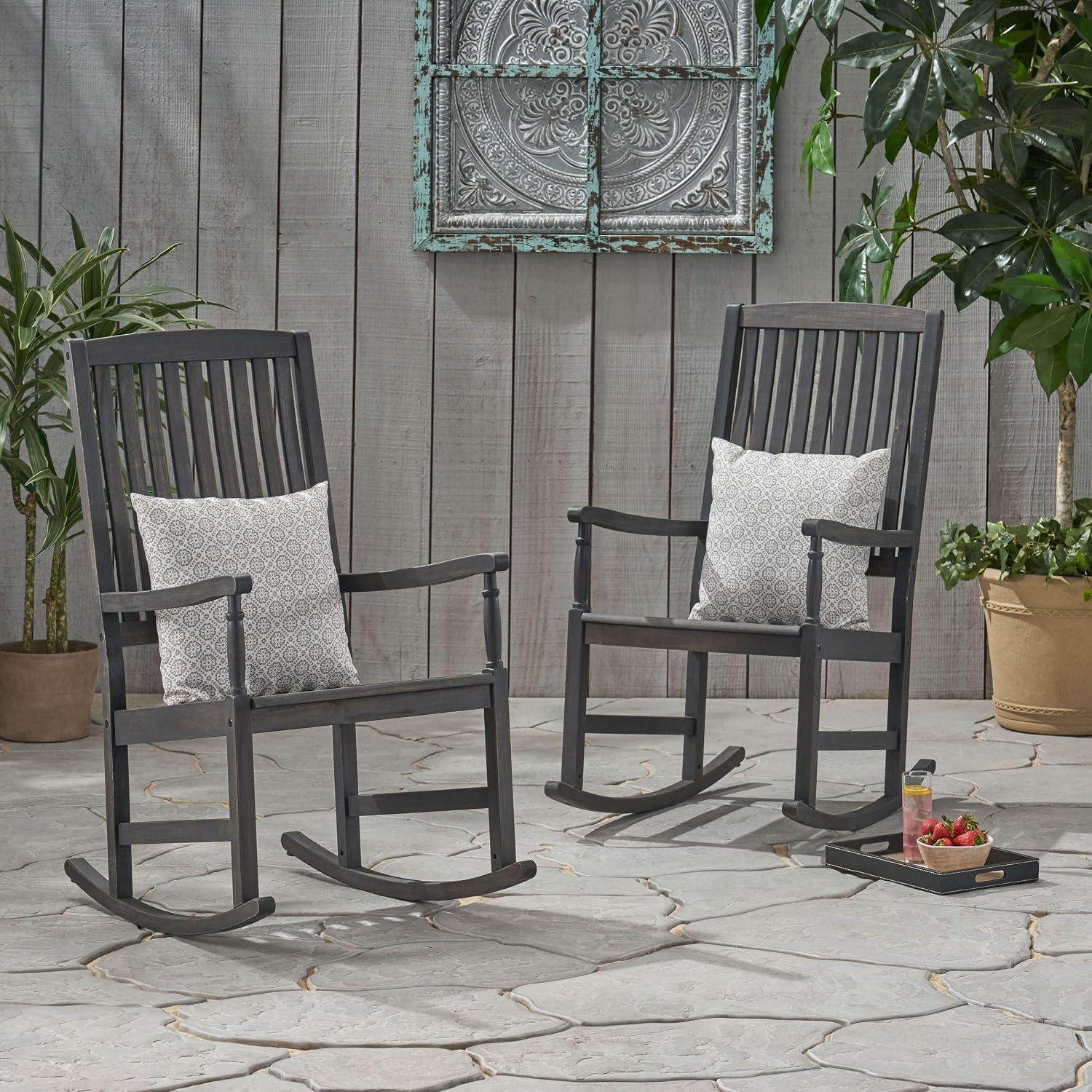 Great Deal Furniture GDFStudio Outdoor Acacia Wood Rocking Chairs (Set of 2), Dark Gray