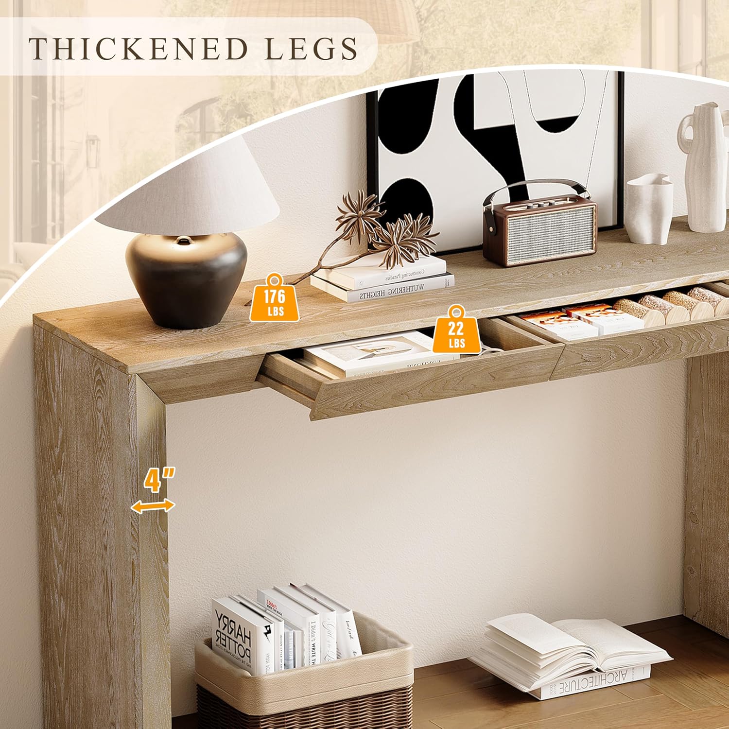 Merax Modern Entryway Table with 2 Concealed Drawers, Natural | Long Farmhouse Console Table with Thickened Legs, Sofa Table Behind Couch, Waterfall Design, for Living Room Hallway