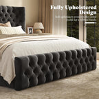 AMERLIFE Upholstered Queen Bed Frame with Wingback Headboard, Black Velvet
