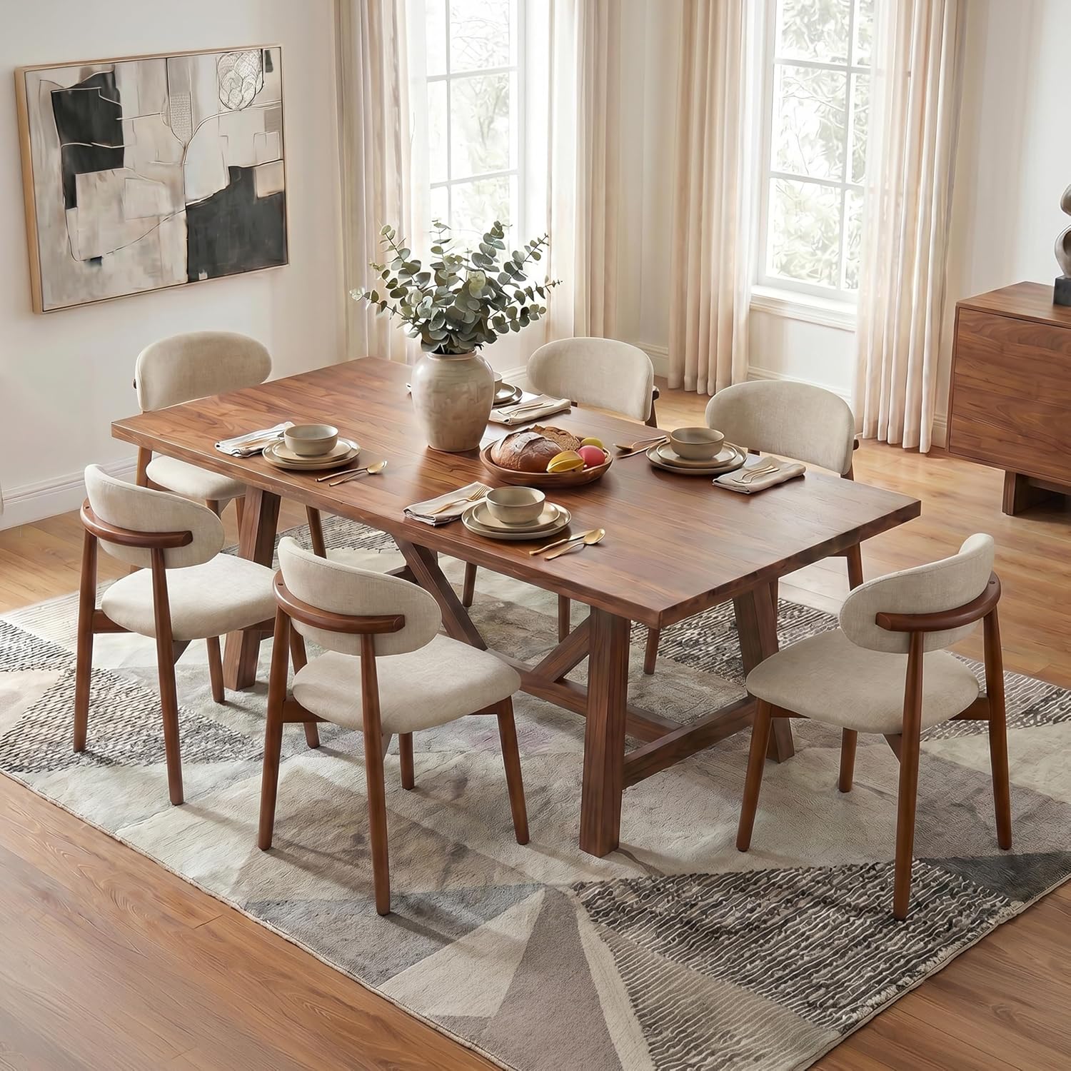 Farmhouse Dining Chairs Set of 4, Mid Century Modern Wooden Velvet Fabric Upholstered Kitchen Chairs with Curve Back, Dining Room Chairs for Living Room Restaurant Cafe with Brown Legs, Warm Gray