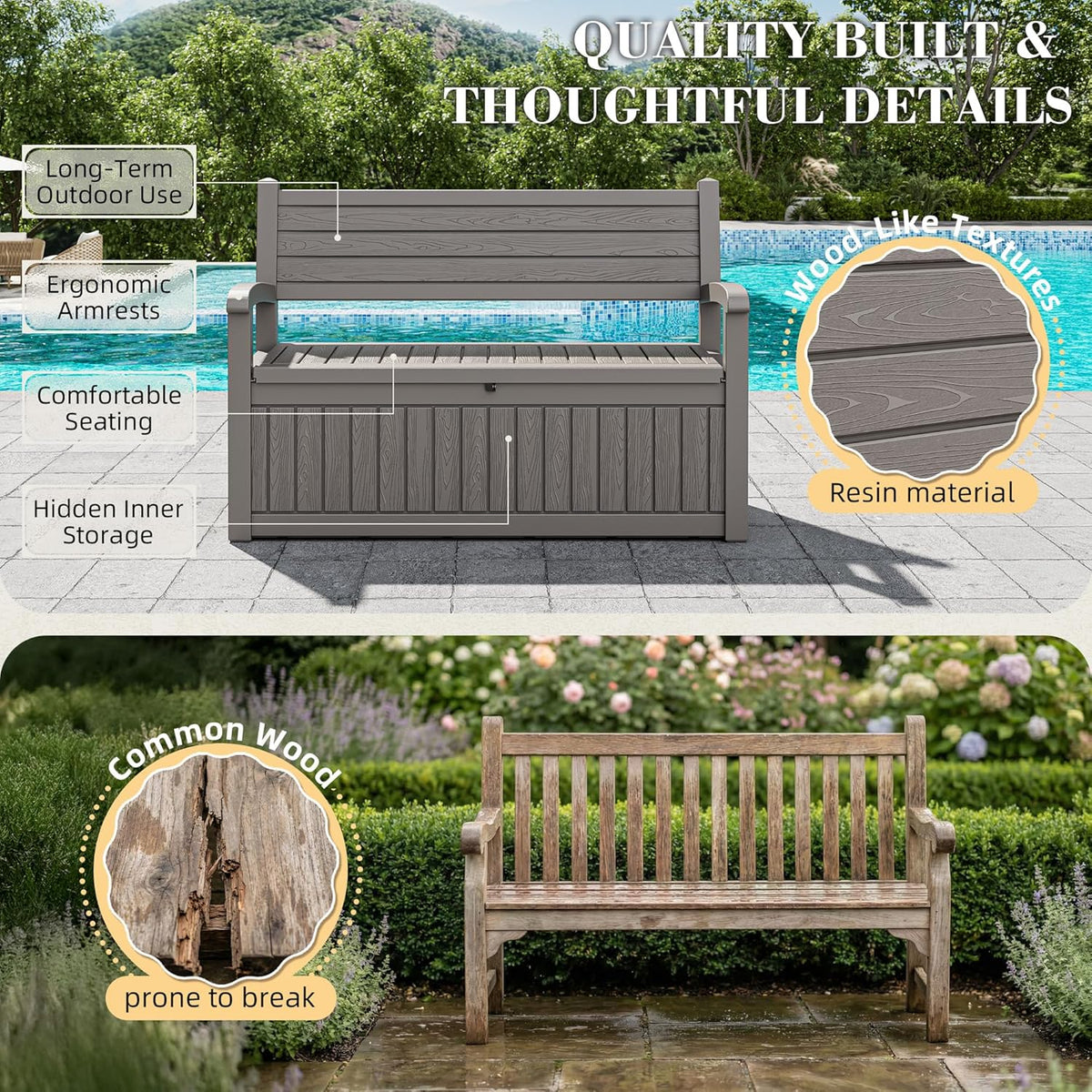 80 Gallon Outdoor Storage Box,Resin Stripes Deck Box Doubles as 2-Person Bench Seat,Waterproof Storage Outdoor Porch Bench for Cushions,Garden Tools and Pool Supplies Grey