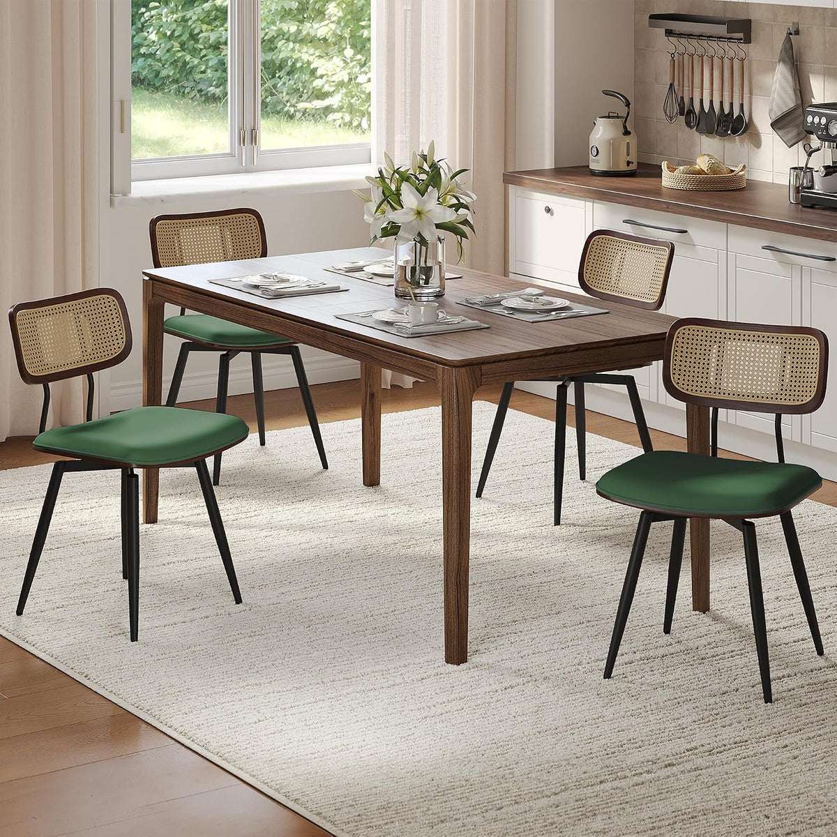 Dining Chairs, Set of 4, Modern, Green, Rattan & Faux Leather, Swivel with 360 Rotation, Ergonomic & Adjustable Height