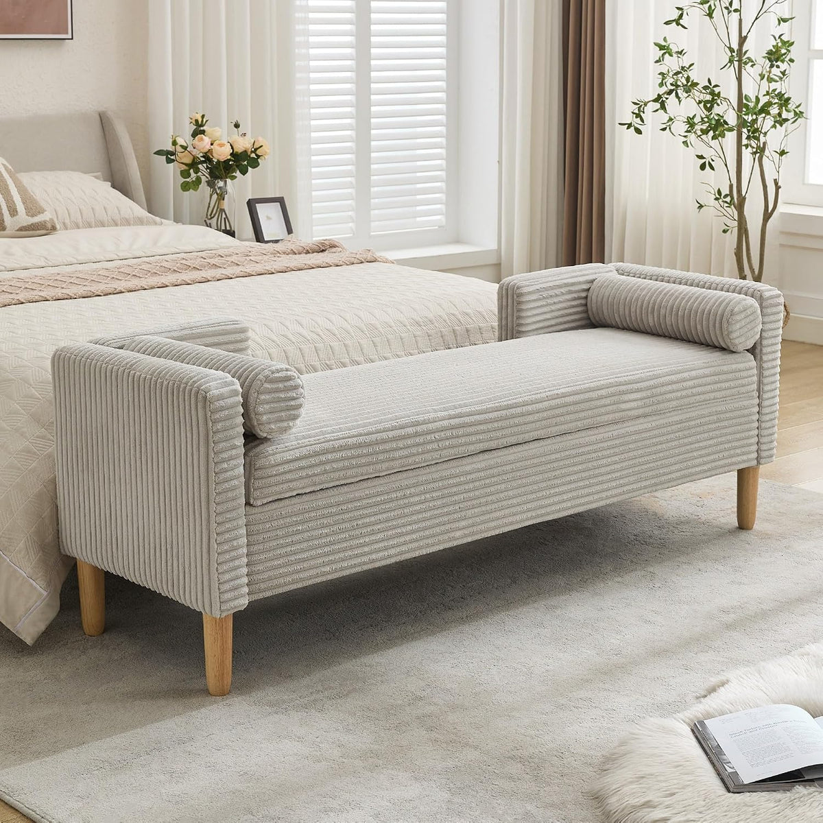 Chifee & Vingol 65.35" W Ottoman with Storage Bench for Bedroom End of Bed with Removable Pillows Upholstered Storage Ottoman Bench for Bedroom Living Room Hallway,Light Gray