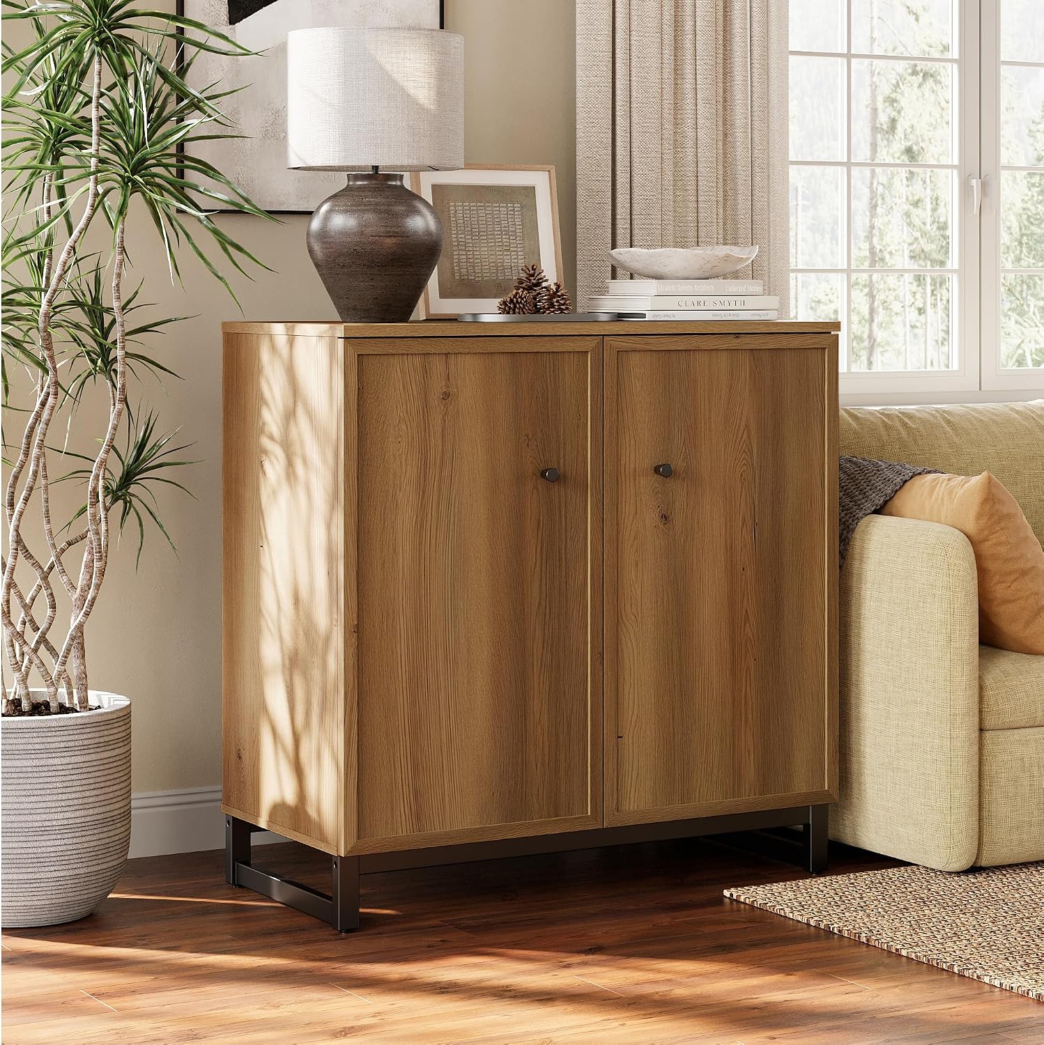 Rustic Storage Cabinet, Modern Farmhouse Set of 2 Buffet Accent Cabinet with 4-Door Design with Metal Frame Base for Dinnig Room Living Room Entryway,Brown Oak