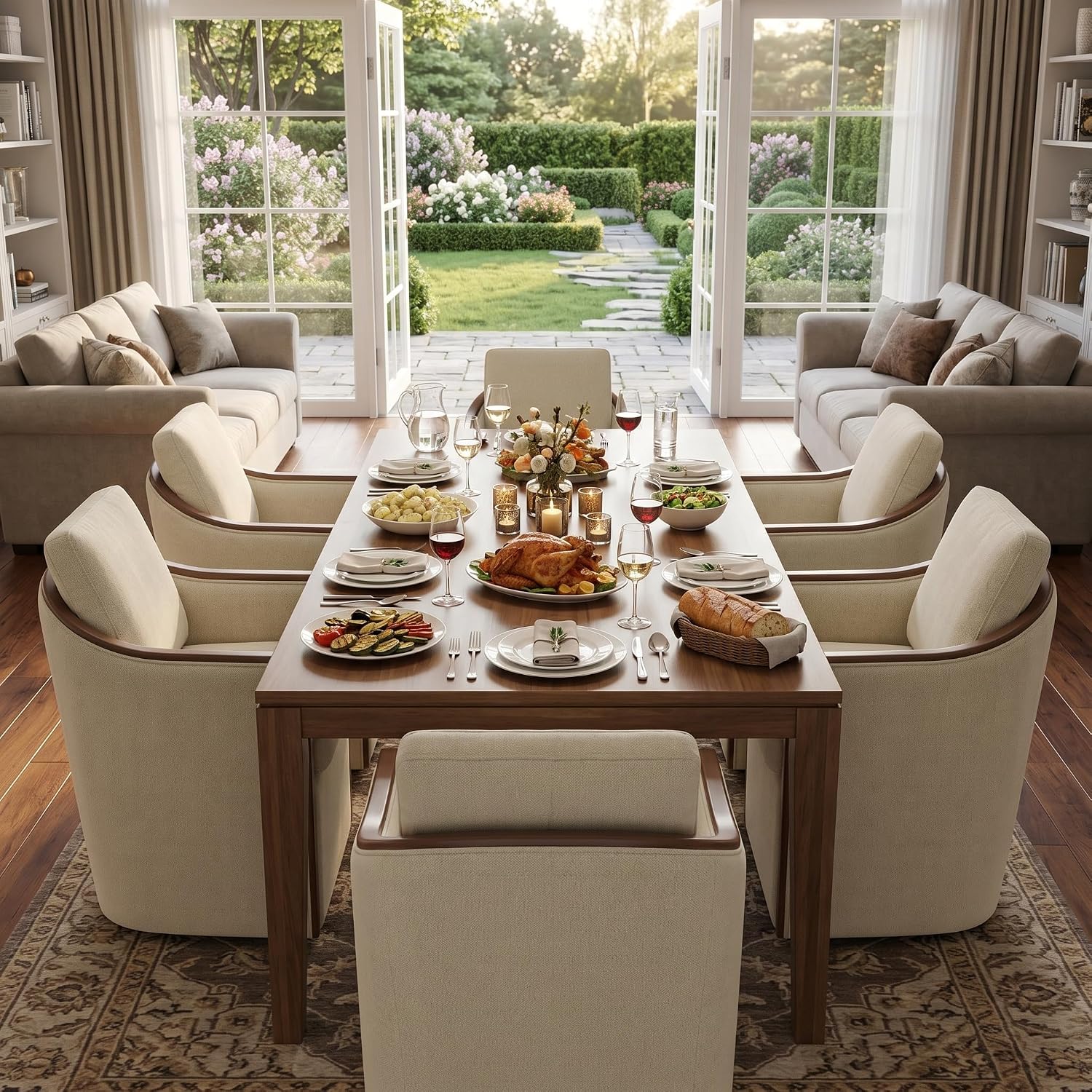 CHITA Upholstered Dining Chairs Set of 4 with Hidden Casters, Modern Dining Chair with Backrest & Wood Armrest, Chenille Barrel Chairs for Dining Room, Kitchen Chairs Fully Assembled, Cream