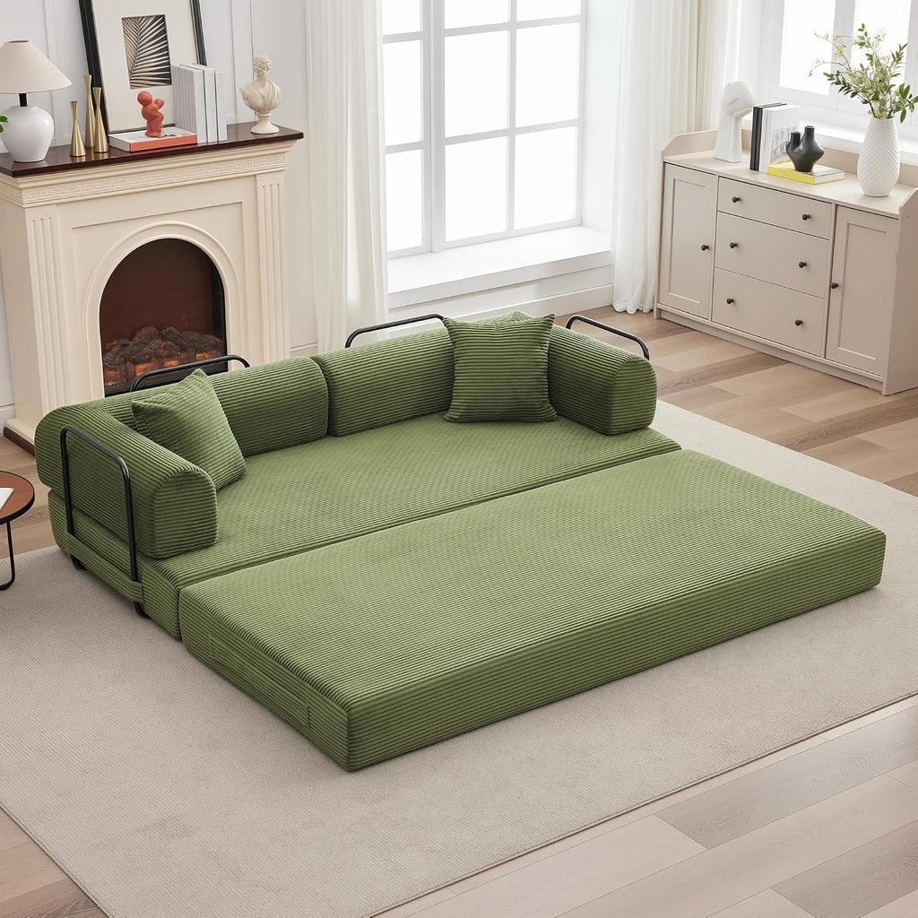 GarveeHome 79" Convertible Sleeper Sofa Bed Couch, 4-in-1 Corduroy Folding Sofa Bed with Pillow & Fixed-Shape, Floor Mattress Couch Loveseat for Living Room Apartments - No Assembly, Green