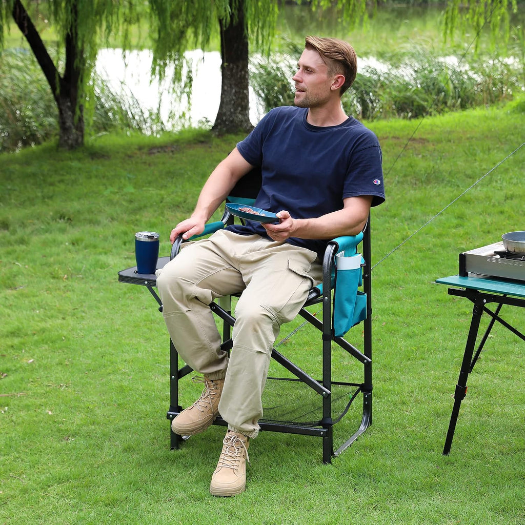 VILLEY Tall Directors Chair, Folding Camping Chair with Footrest | Heavy Duty 900D Oxford Fabric, 350 lbs Capacity, Portable Folding Seat with Side Table for Outdoor Events, Camping & Fishing