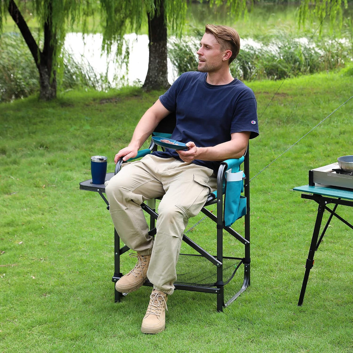 VILLEY Tall Directors Chair, Folding Camping Chair with Footrest | Heavy Duty 900D Oxford Fabric, 350 lbs Capacity, Portable Folding Seat with Side Table for Outdoor Events, Camping & Fishing