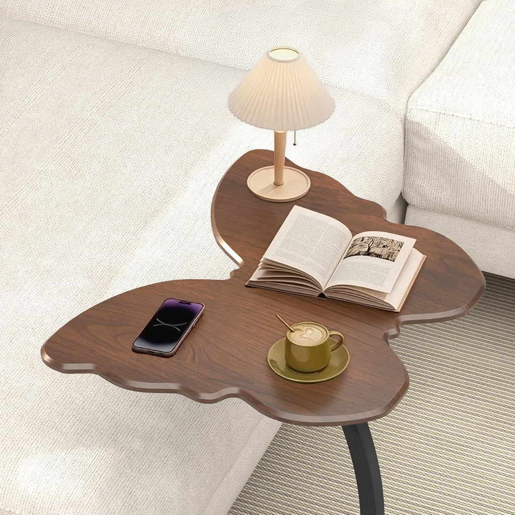 C-Shaped End Table - Small Side Table for Couch, Butterfly Coffee Tables for Small Spaces, End Tables Living Room, Bedroom, Bedside - Walnut Color