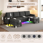 109" Sectional Couch with RGB Lights, U Shaped Couches for Living Room | Wireless Charging, USB & Type-C Port, Storage Ottoman, Reversible Chaise Lounge, Linen Fabric, Dark Grey, for Apartment