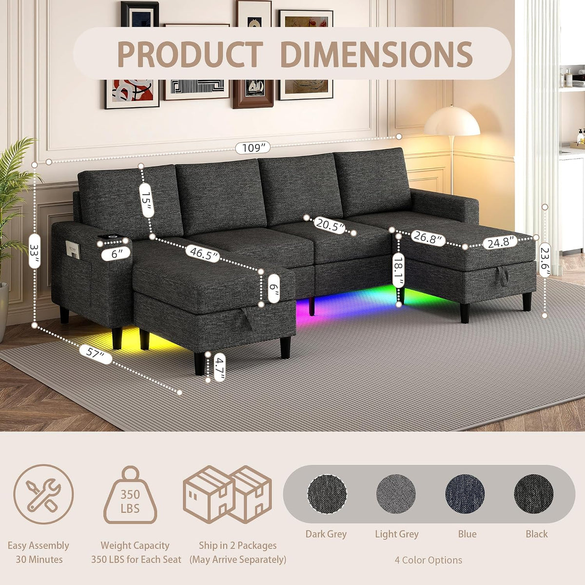 109" Sectional Couch with RGB Lights, U Shaped Couches for Living Room | Wireless Charging, USB & Type-C Port, Storage Ottoman, Reversible Chaise Lounge, Linen Fabric, Dark Grey, for Apartment