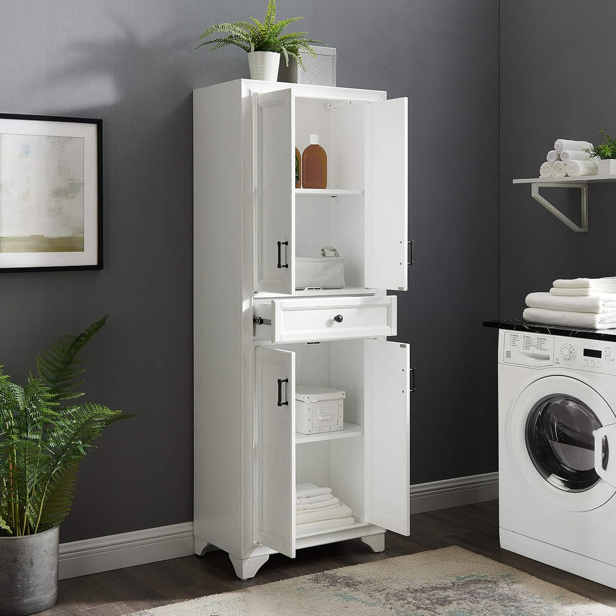 Crosley Furniture Tara Pantry Storage Cabinet with Shelves, Kitchen, Dining, or Laundry Room, Distressed White