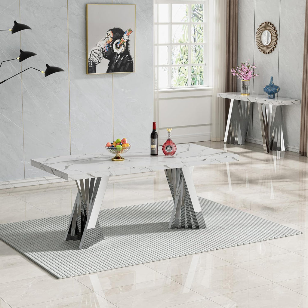 70" Faux Marble White Dining Table for 6, Modern Dining Room Table with 0.71" Marble Printing MDF Top and Flash-Shaped Silver Stainless Steel Base,Rectangular Large Kitchen Dinner Table