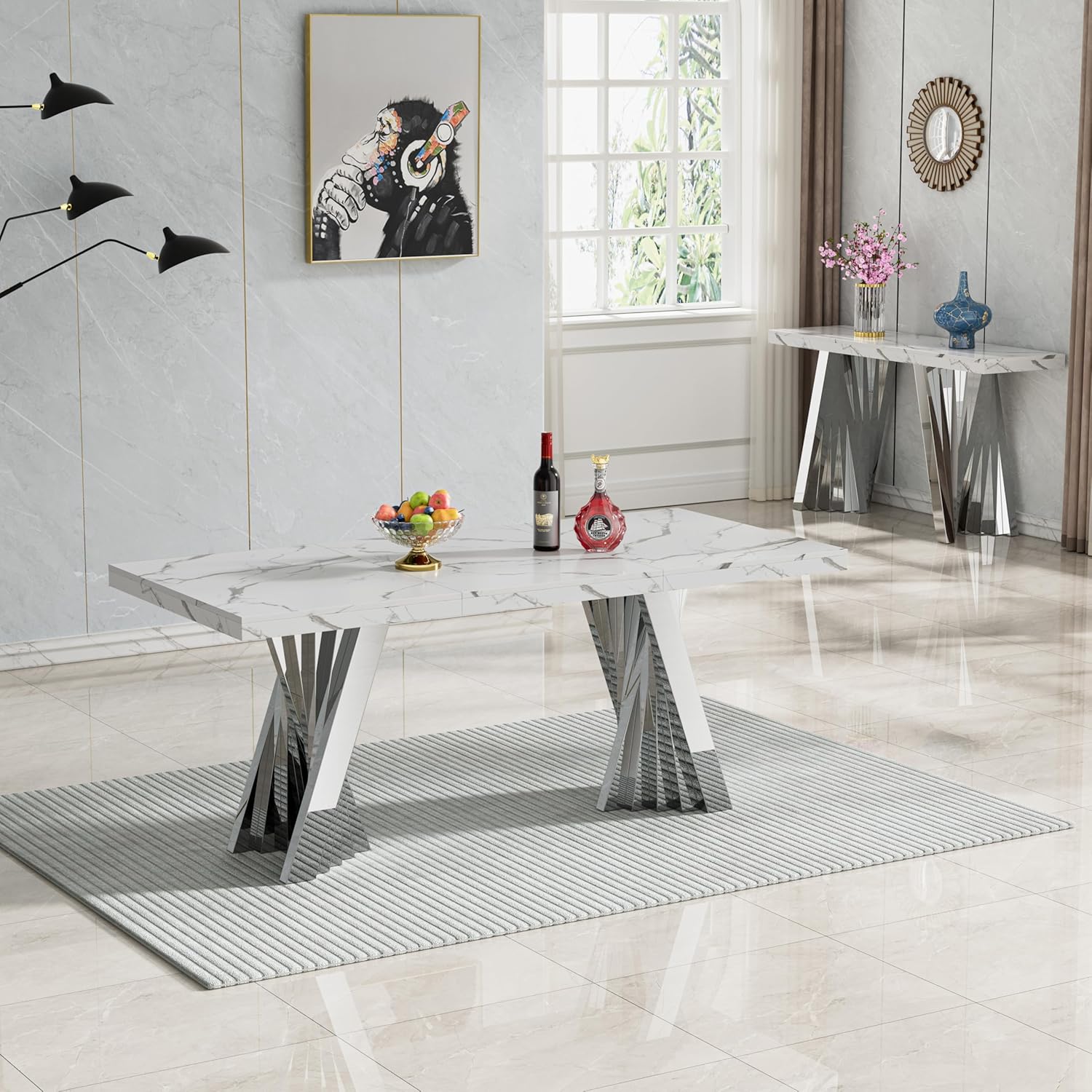 70" Faux Marble White Dining Table for 6, Modern Dining Room Table with 0.71" Marble Printing MDF Top and Flash-Shaped Silver Stainless Steel Base,Rectangular Large Kitchen Dinner Table