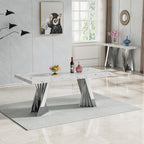 70" Faux Marble White Silver Dining Table for 6, Modern Dining Room Table with 0.71" Marble Printing MDF Top and Flash-Shaped Stainless Steel Base,Rectangular Large Kitchen Dinner Table