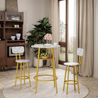 3 Pieces Round Bar Table Set, Small Dining Table for 2 Faux Marble Tabletop | Kitchen Bar Table, 2 Stools with Backrest, Breakfast Table with Storage, Round Tabletop