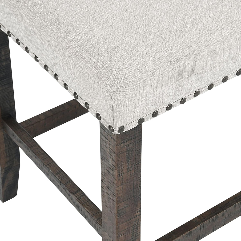 Jofran Willow Creek Distressed Pine Counter Height Dining Bench, Rustic Upholstered Bench for Dining Room Kitchen, Cream Fabric and Brown Wood