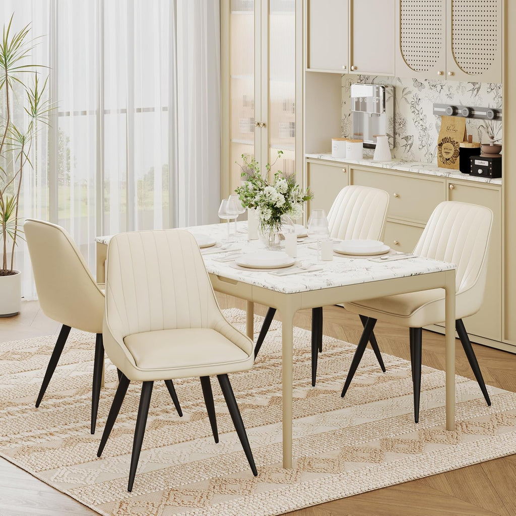 Alunaune Modern Dining Chairs Set of 6, Mid Century Upholstered Kitchen Chairs Anti Scratch Armless Leisure Accent Chair, Living Room Faux Leather Desk Side Chair with Metal Legs-Beige