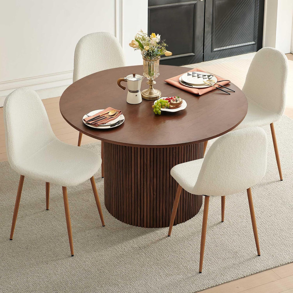 Dining Table Set for 4, Mid Century Modern 47 Inch Wooden Round Dining Table Set, Space Saving (Table + 4 White Chairs)