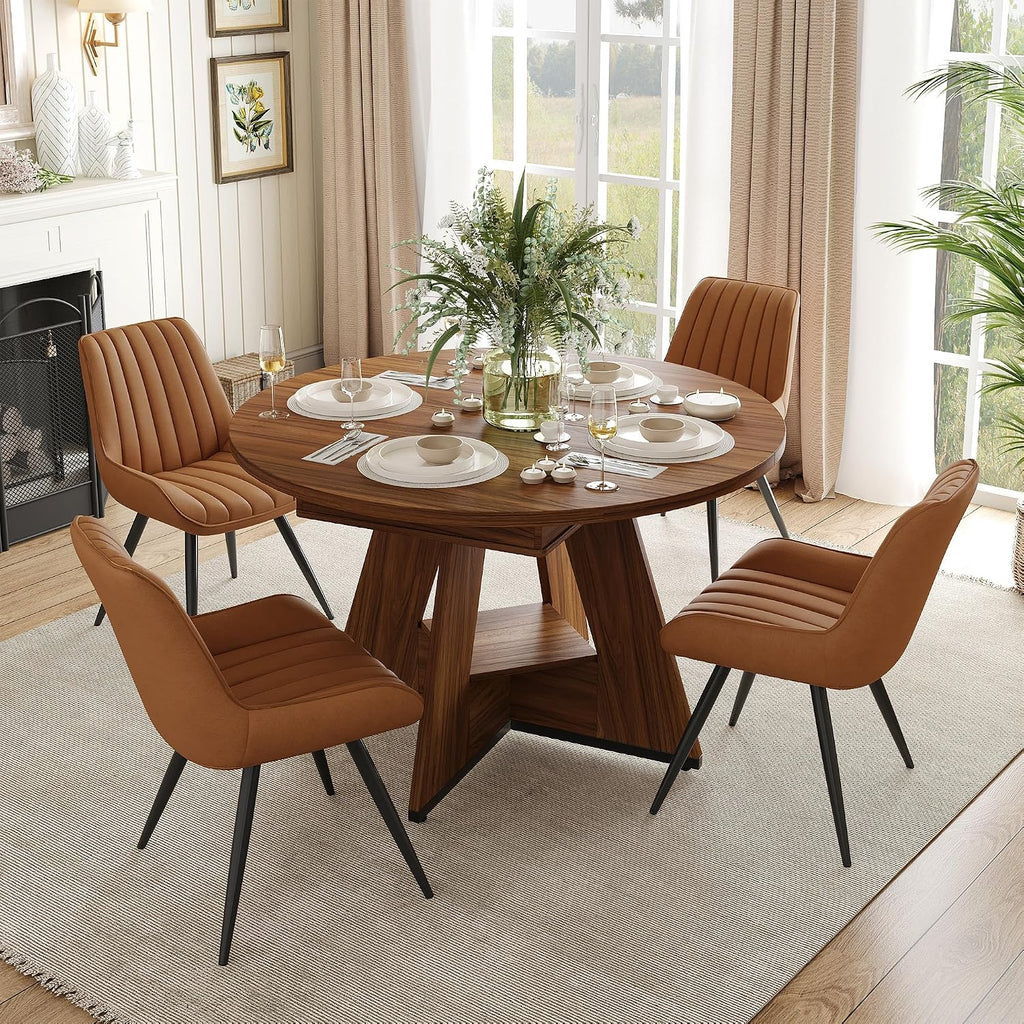 Miereirl Extendable Dining Table Set for 4-6, 47.24"-63" Round to Oval Dining Table Set with Upholstered Chairs, Hidden Storage Shelf, Kitchen & Dining Room Furniture for Apartment