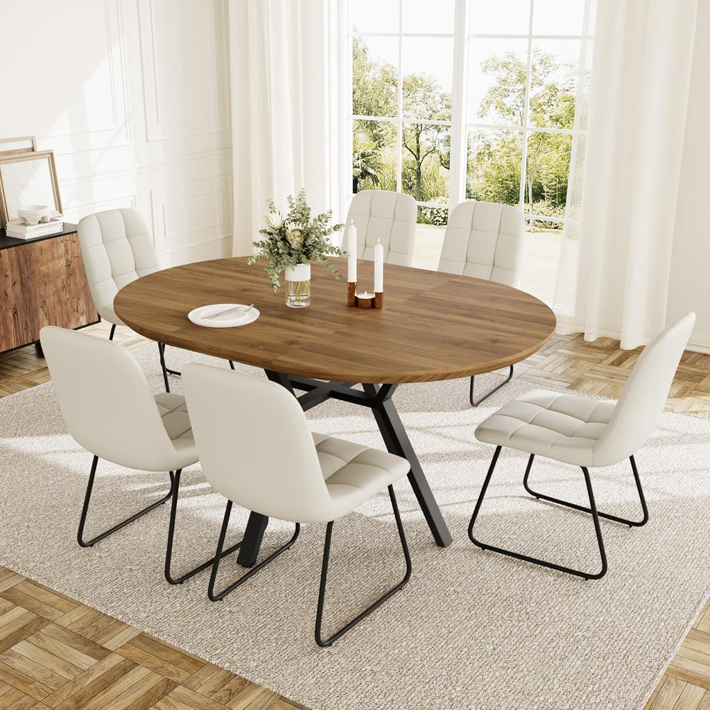 HIPIHOM Extendable Round Dining Table Set for 6 People, 43.3"-59.1" Extendable Kitchen Table with 6 Upholstered Chairs, Space Saving for Kitchen Dining Room (Walnut Table+6 U-Shaped White Chairs)