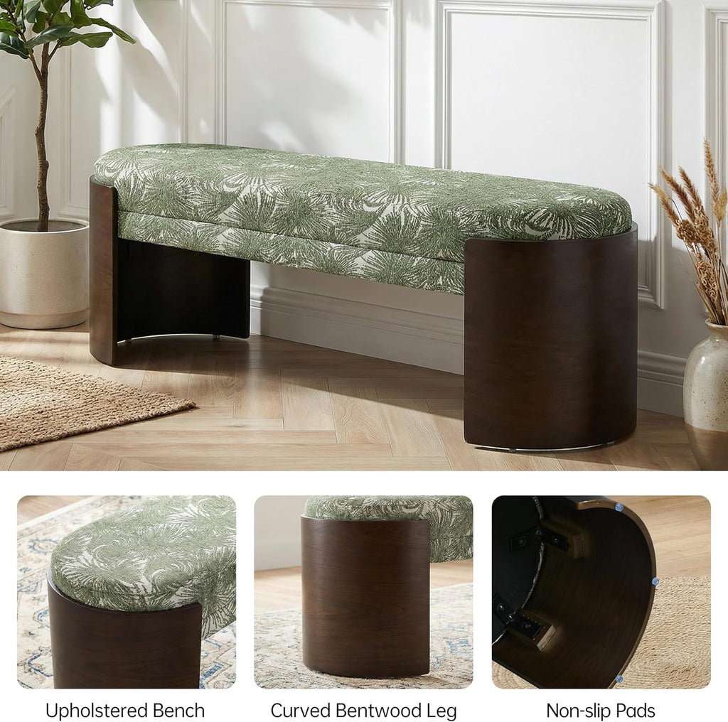 VKNOW 50" Upholstered Ottoman Bench with Botanical Pattern, Oval Entryway Bench with Solid Curved Bentwood Legs, Accent End of Bed Bench for Bedroom, Dining Bench for Dining Room, Living Room, Green