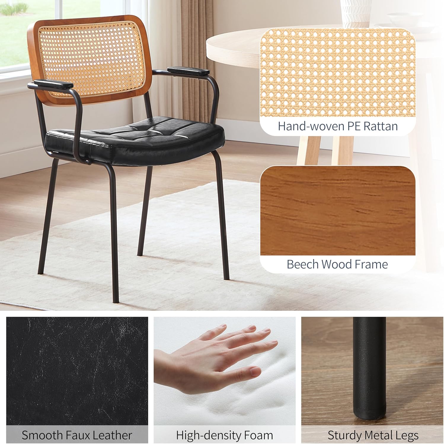 Art Leon Rattan Dining Chairs Set of 4 - Mid Century Modern Dining Chairs with Cane Back, Faux Leather Upholstered Kitchen Chairs, Accent Arm Chairs with Black Metal Legs, Black