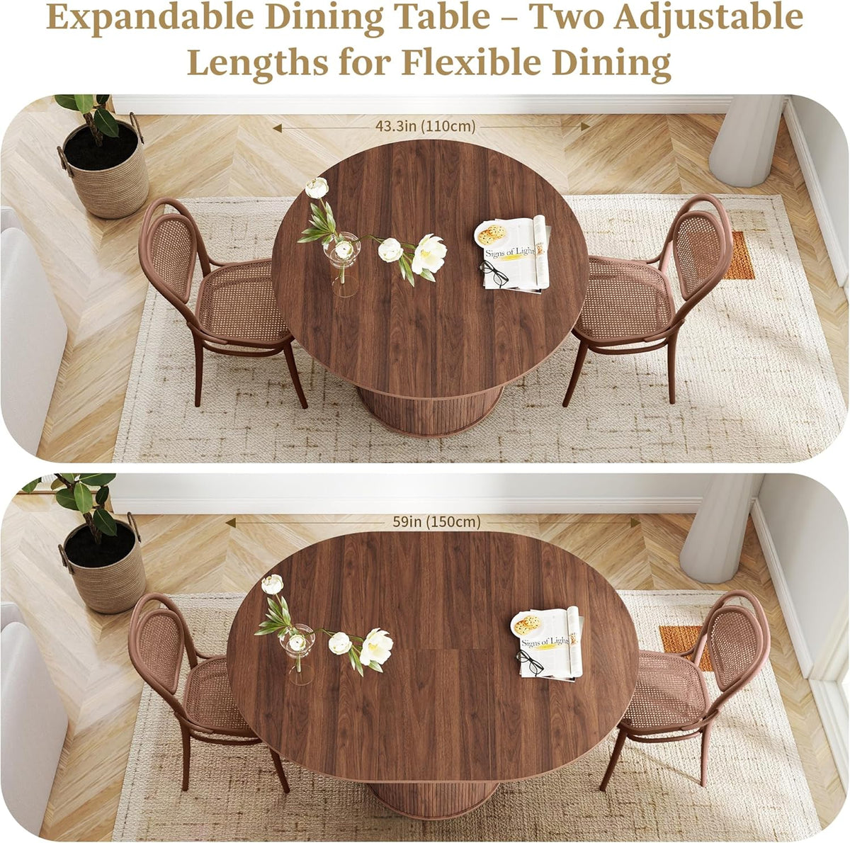 weselon 43"-59" Extendable Round to Oval Dining Table with Hidden Storage, Modern Wooden Kitchen Table with Fluted Sliding Door Cabinet, Expandable Dinner Table for Dining Room Living Room (Walnut)