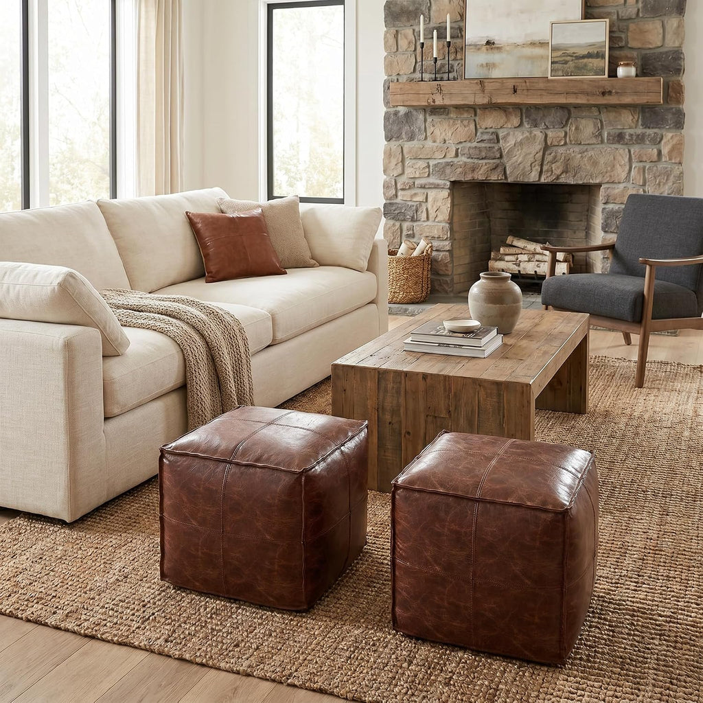 SIMPLIHOME Sheffield 18" Wide Square Genuine Leather Pouf in Brown | Distressed brown boho footrest, extra seating and accent piece for living room or bedroom, assembled; pouf ottoman.