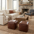 SIMPLIHOME Sheffield 18" Wide Square Genuine Leather Pouf in Brown | Distressed brown boho footrest, extra seating and accent piece for living room or bedroom, assembled; pouf ottoman.