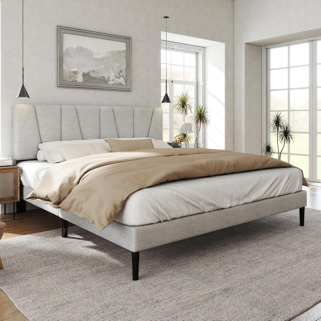 HAOARA King Size Bed Frame with Fabric Upholstered Headboard, Platform Bed with Wooden Slats Support, Fully Mattress Foundation, Box Spring Optional, Easy Assembly, Light Grey