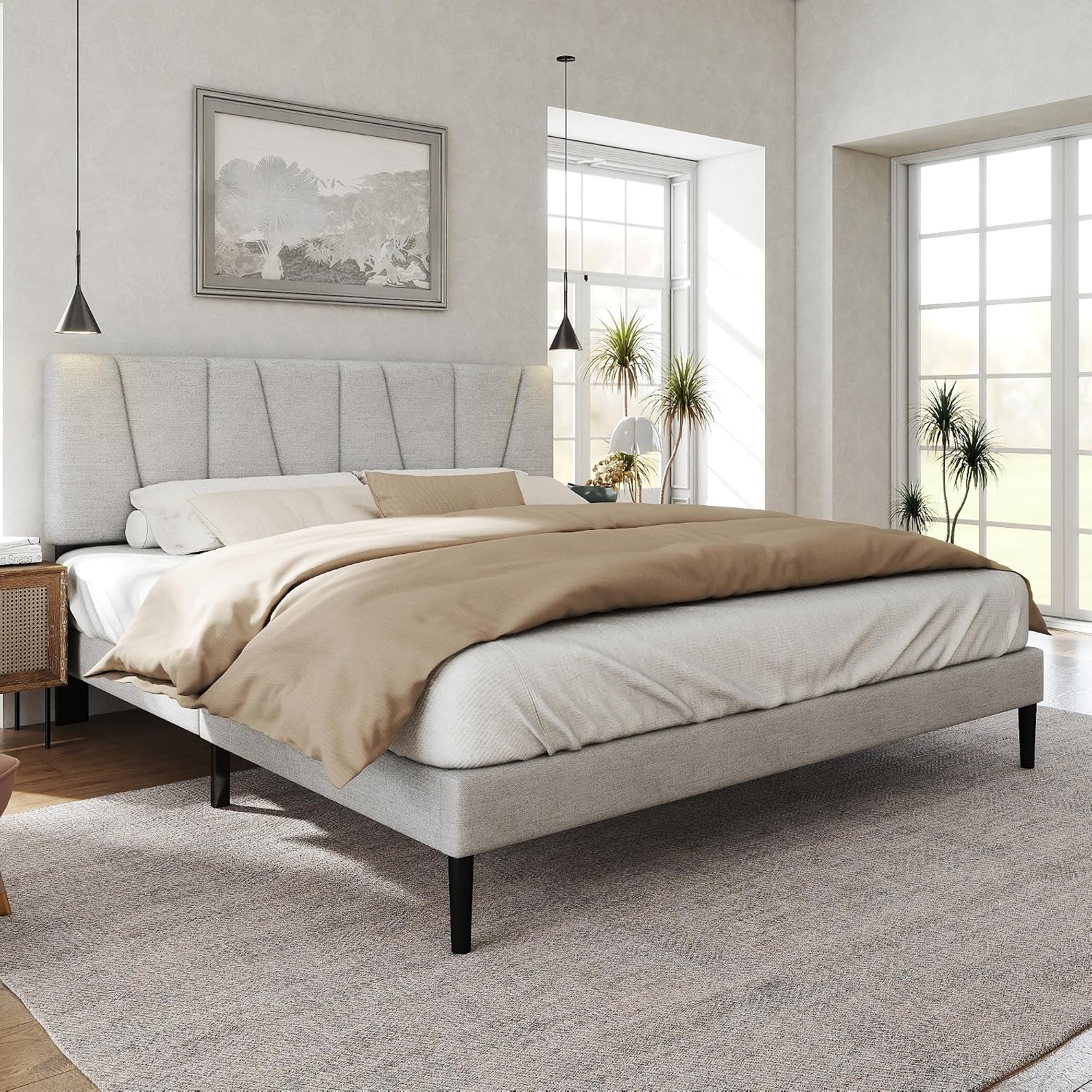 HAOARA King Size Bed Frame with Fabric Upholstered Headboard, Platform Bed with Wooden Slats Support, Fully Mattress Foundation, Box Spring Optional, Easy Assembly, Light Grey
